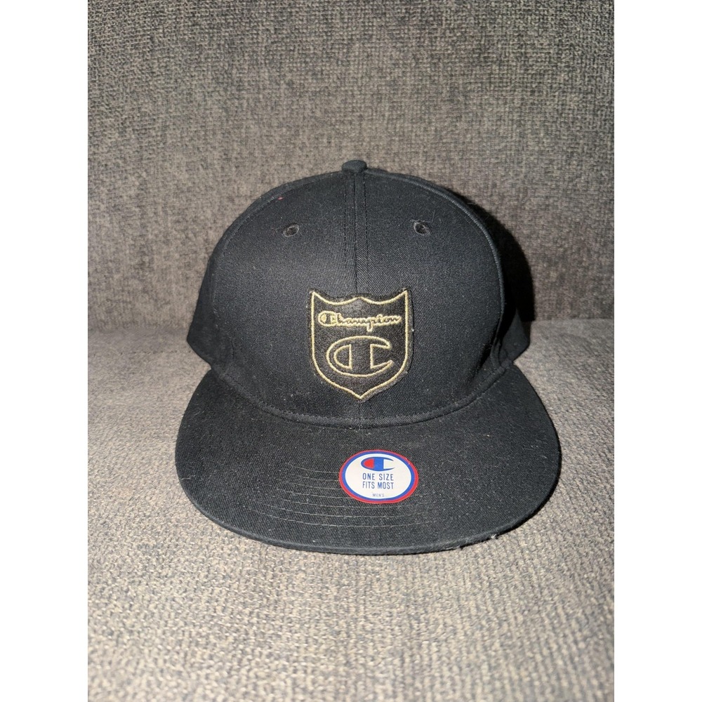 Champion Hat Cap Snap Back Mens One Size Black Gold Shield Embroidered Logo